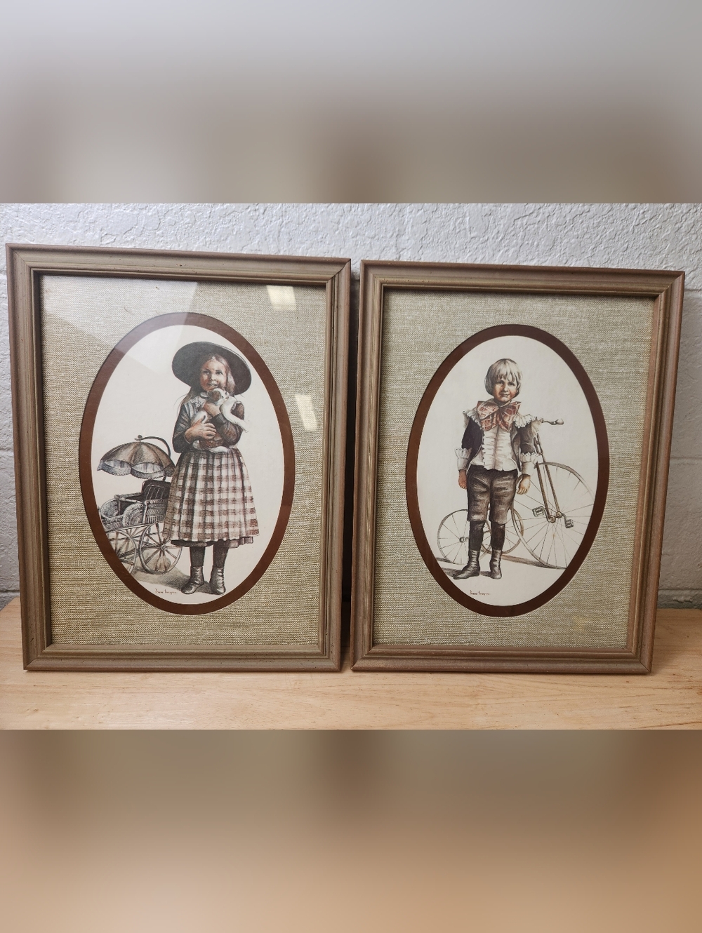 Vtg "Joanne Thompson" Lot Of 2 Framed Prints "Girl/Cat & Boy/Cycle" Cottagecore